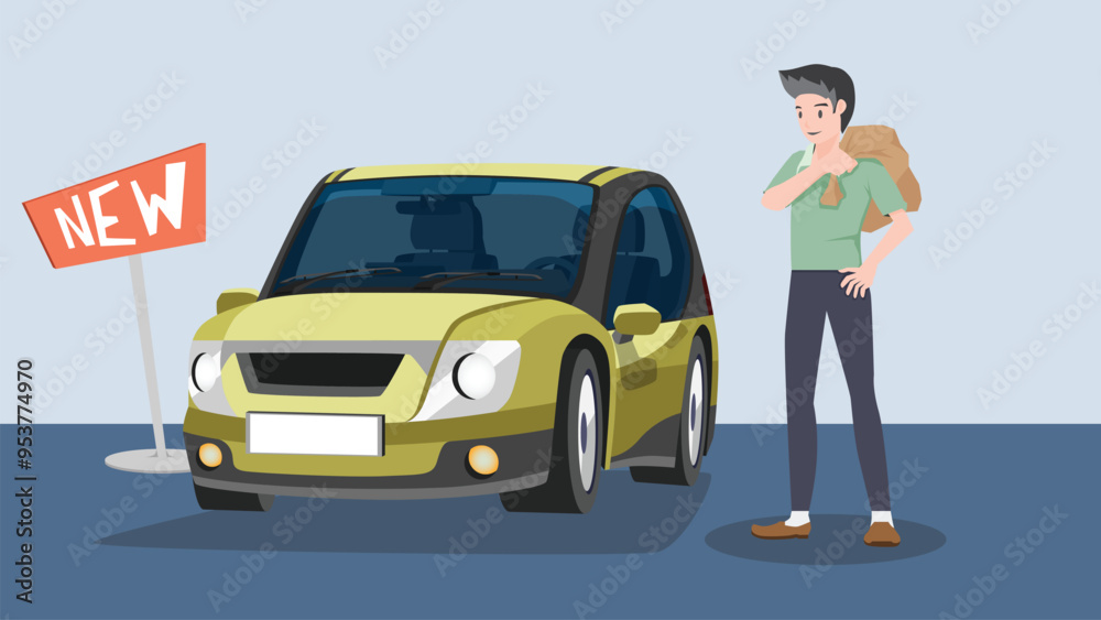 Cartoon vector of buy new yellow car concept. Buyer carries a sack of money inside to buy a car. Sign board of new promote. background of blue color. Cartoon vector of buy new yellow car concept. Buyer carries a sack of money inside to buy a car. Sign board of new promote. background of blue color.
