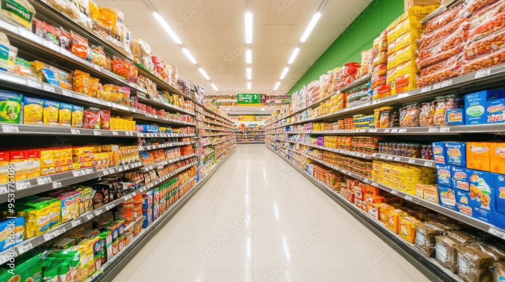 Vibrant supermarket aisle with an extensive selection of goods, highlighting retail variety. Copy text space along the shelves. Vibrant supermarket aisle with an extensive selection of goods, highlighting retail variety. Copy text space along the shelves.