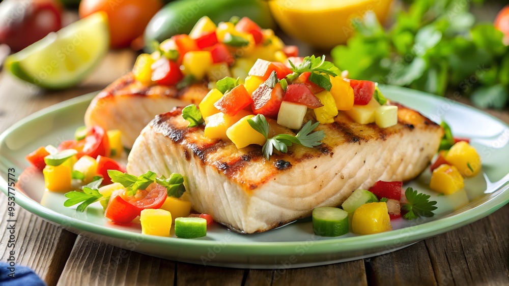 Grilled mahi mahi, tropical fruit salsa, colorful presentation Grilled mahi mahi, tropical fruit salsa, colorful presentation