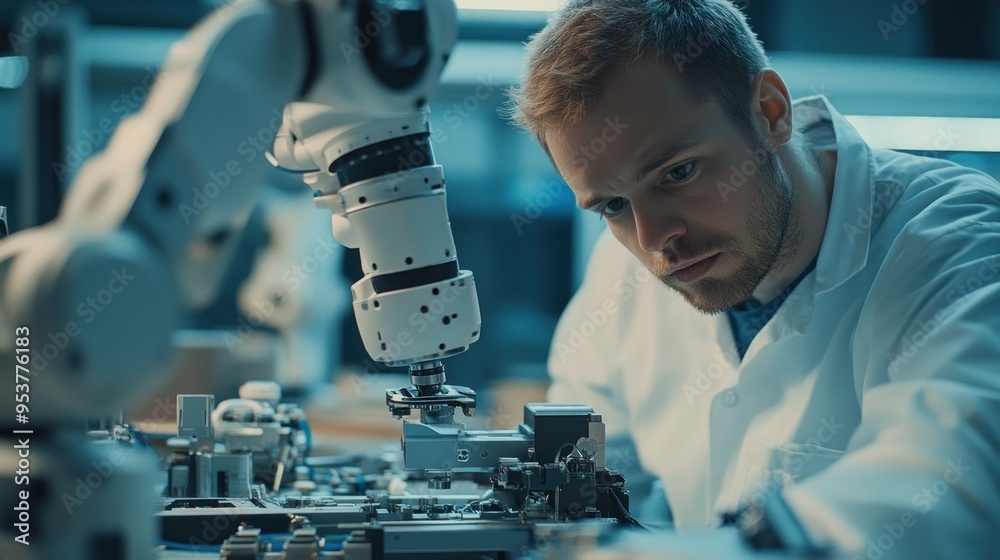 Technician Examining an Industrial Robot Arm in a Factory Setting