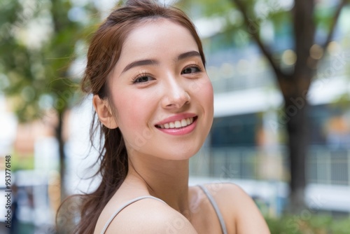 Woman smiling joy. A young woman with a cheerful smile, showcasing genuine joy and happiness. photo