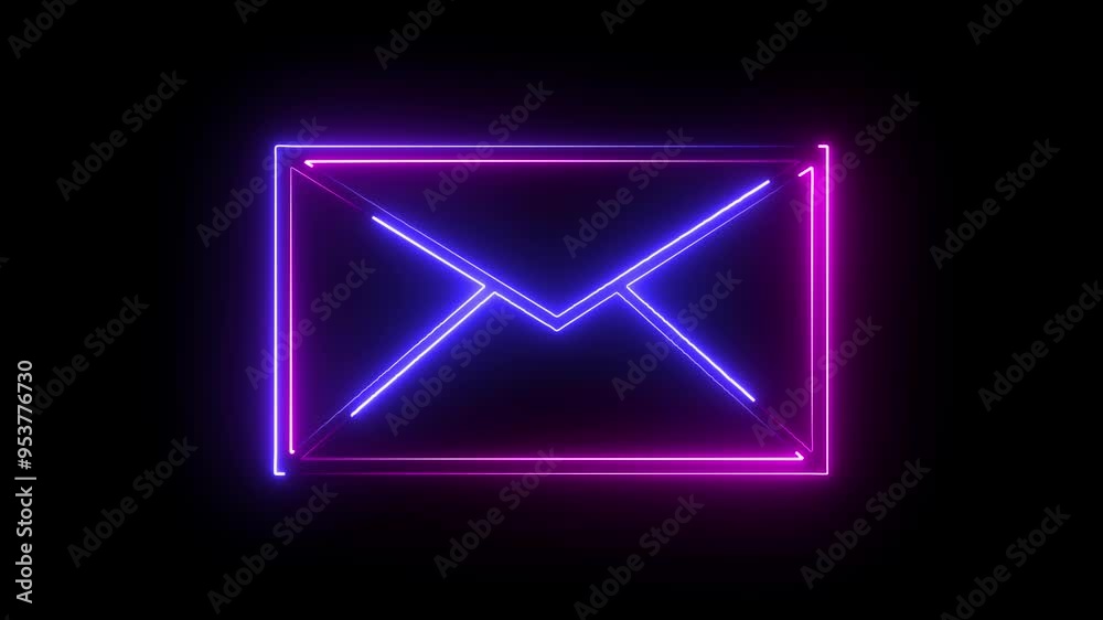 purple to blue  color neon mail envelope icon animated on black background. glowing neon Mail envelope, incoming mail, Sending mail icon animation