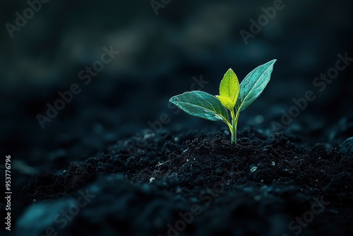 Young plant springing up out of the soil with generative ai