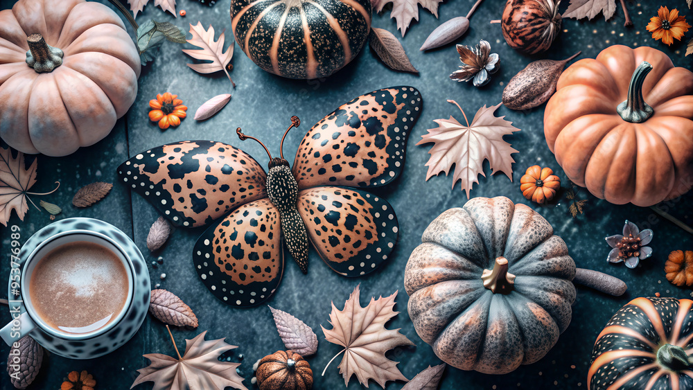 Autumn flat lay with pumpkins, colorful butterfly, coffee mug, and dried leaves