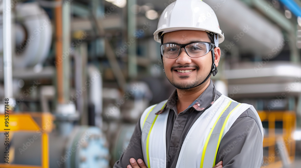 Latino Male Engineer Smiling in Oil and Gas Plant, Industrial Safety Attire, Professional Workplace Setting Latino Male Engineer Smiling in Oil and Gas Plant, Industrial Safety Attire, Professional Workplace Setting