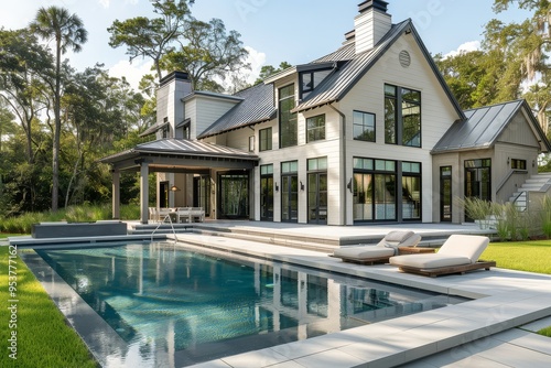 Modern Farmhouse Home with Gray Accents, Large Windows, Open Floor Plan, Poolside Loungers, and Beach View in South Carolina