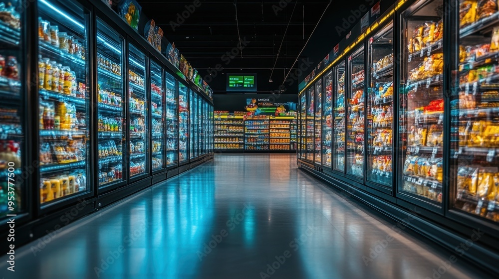 Vast supermarket refrigerated aisle, showcasing a wide range of chilled products. Copy text space in the middle. Vast supermarket refrigerated aisle, showcasing a wide range of chilled products. Copy text space in the middle.