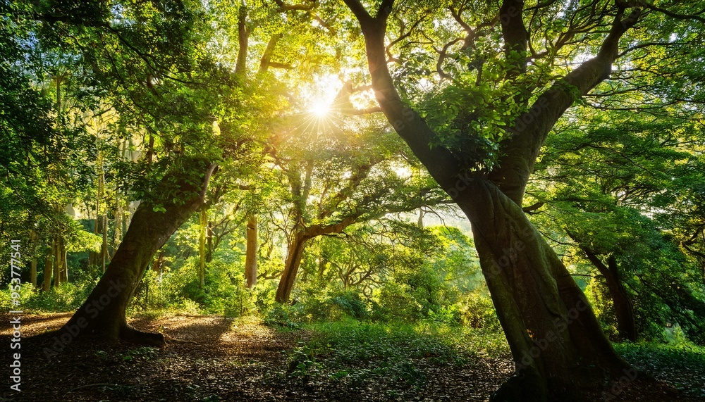 Obraz premium The trees are full of leaves and the sunlight is shining through the trees