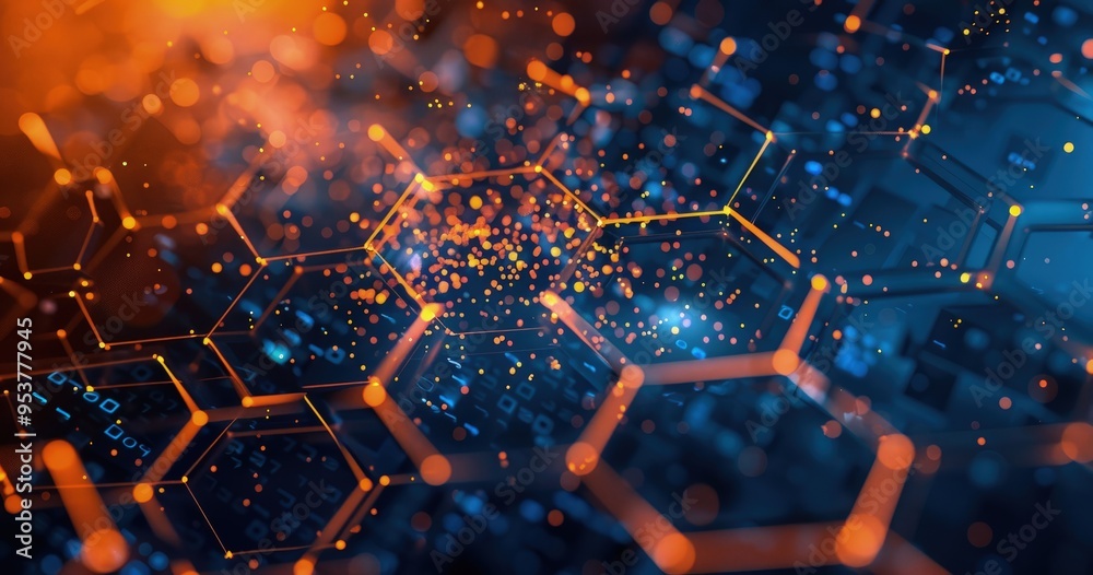 A vibrant digital representation of interconnected hexagons and particles, symbolizing data and technology. A vibrant digital representation of interconnected hexagons and particles, symbolizing data and technology.