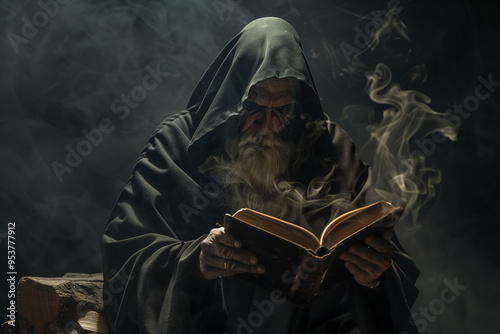 Warlock Reading a Book of Forbidden Witchcraft with Cursed Spells and Dark Magic for Fantasy Occult Stories