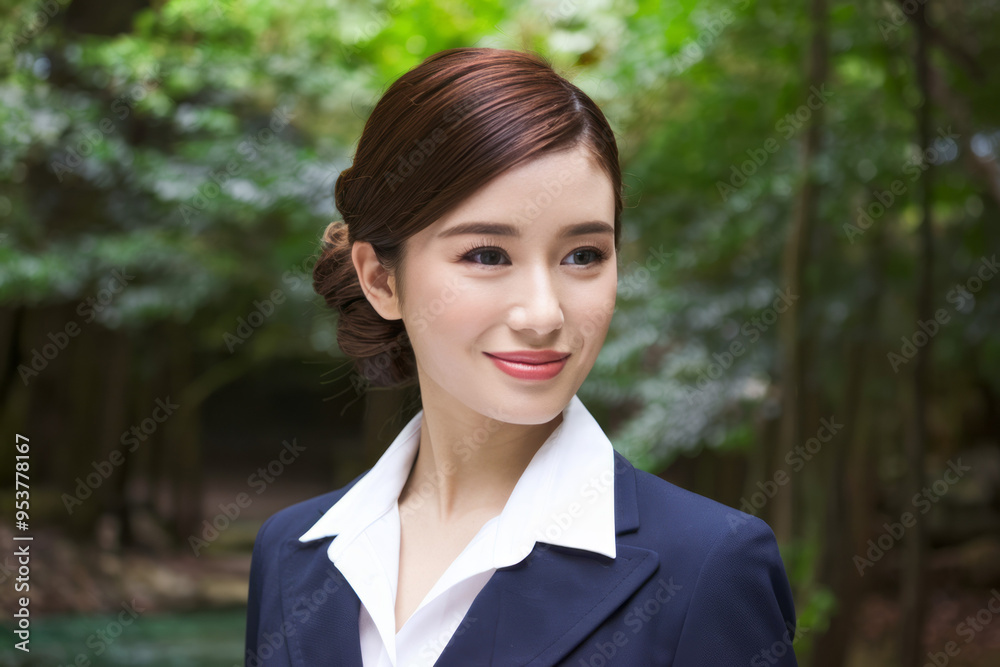 Businesswoman smiling woods. Woman in a blue suit, smiling, against a background of leafy green trees. Businesswoman smiling woods. Woman in a blue suit, smiling, against a background of leafy green trees.