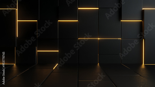 abstract black and gold background with glowing cubes. 3d render illustration