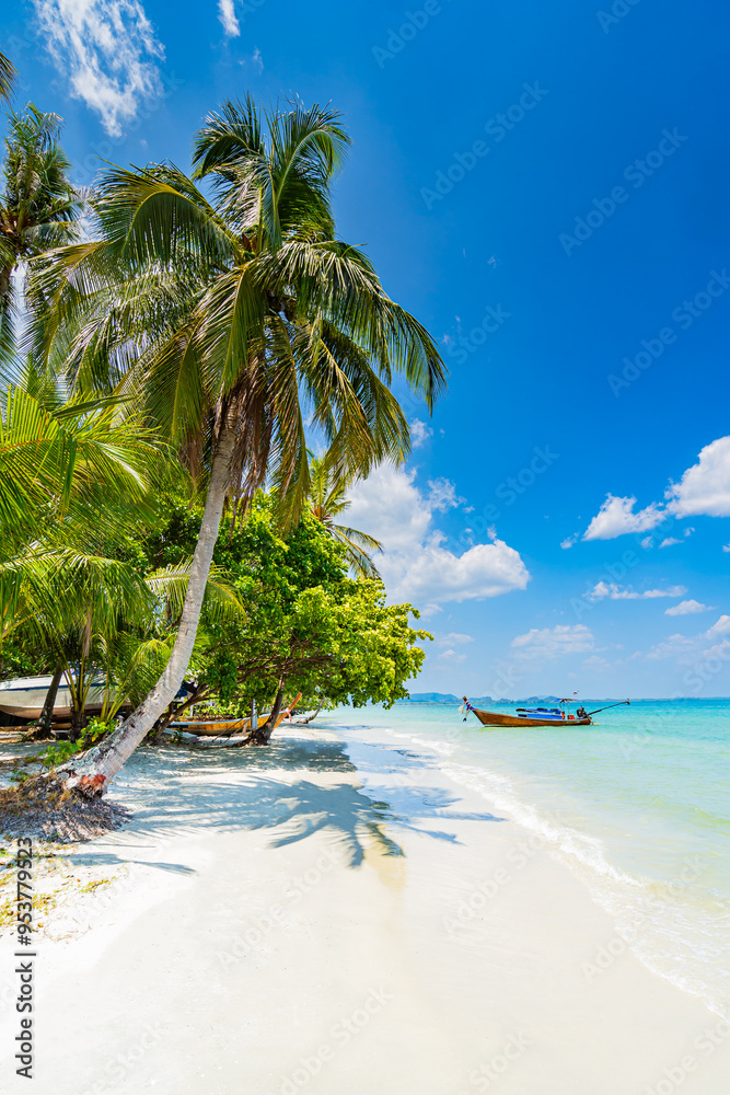 Obraz premium Koh Muk Beach View with long-tail boats on beautiful sandy beach in Trang Province, Southern Thailand, Asia