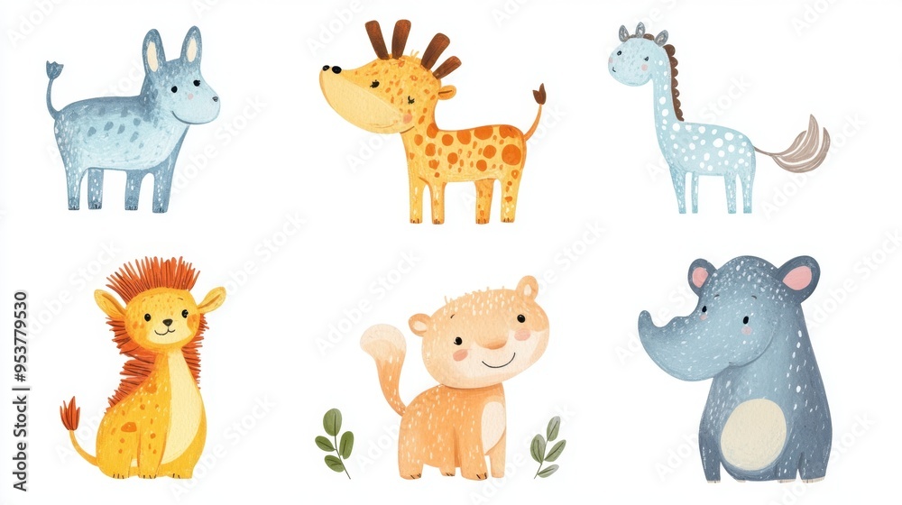 Six charming hand-drawn animals by a 3-year-old, isolated on a white background. The illustrations are filled with innocence and creativity, ideal for children's media. Six charming hand-drawn animals by a 3-year-old, isolated on a white background. The illustrations are filled with innocence and creativity, ideal for children's media.