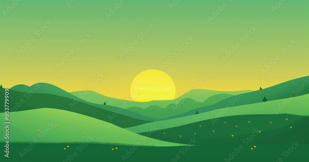 A serene landscape featuring rolling green hills and a large yellow sun setting in the background, evoking tranquility. A serene landscape featuring rolling green hills and a large yellow sun setting in the background, evoking tranquility.