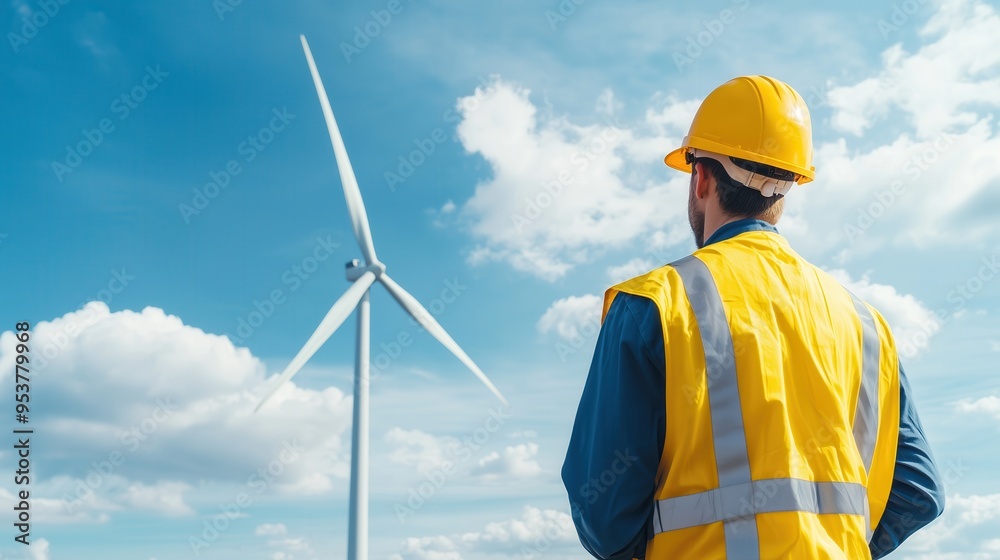 Worker in safety gear examines a wind turbine against a blue sky, showcasing renewable energy and environmental sustainability. Worker in safety gear examines a wind turbine against a blue sky, showcasing renewable energy and environmental sustainability.