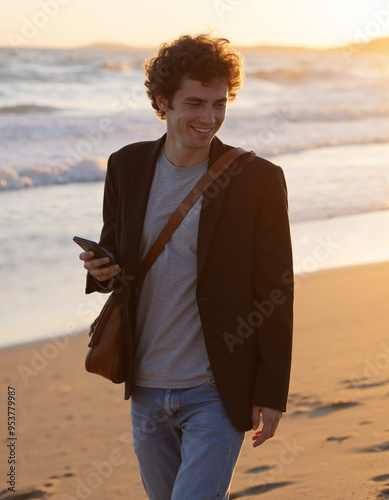 Young Man with Smartphone, digital lifestyle, everyday technology, connected moments, modern communication, real-life interaction, handheld device, tech in daily life. photo