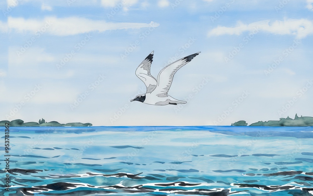 Seagull flying over water. A lone seagull soars over a calm body of water, symbolizing freedom and tranquility. Seagull flying over water. A lone seagull soars over a calm body of water, symbolizing freedom and tranquility.