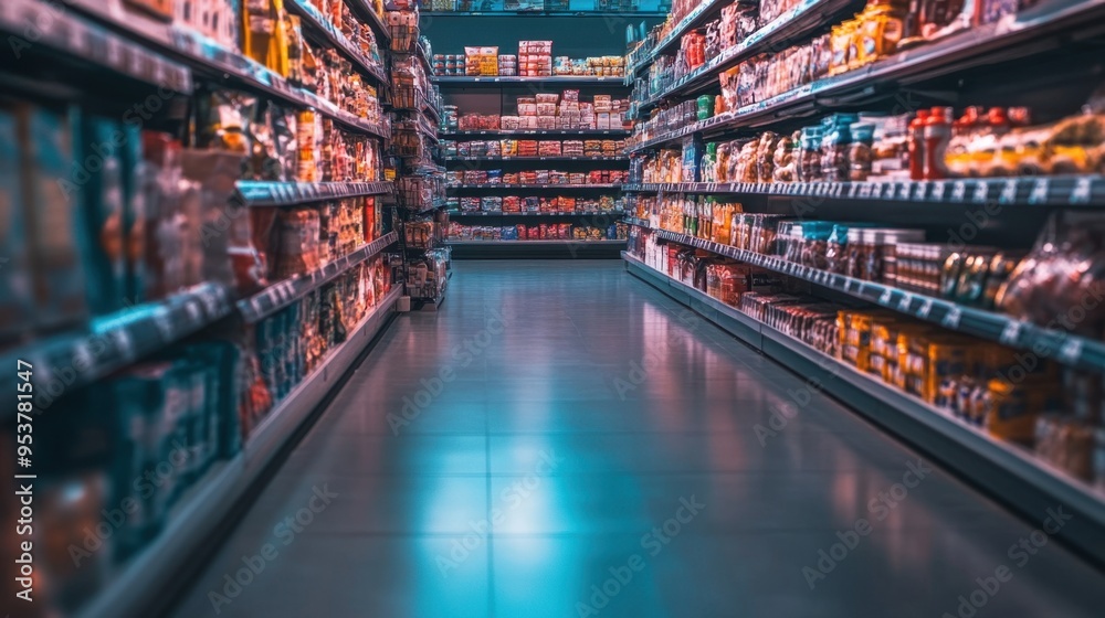 Long, well-lit supermarket aisle showcasing a variety of products, creating a sense of abundance. Copy text space available. Long, well-lit supermarket aisle showcasing a variety of products, creating a sense of abundance. Copy text space available.