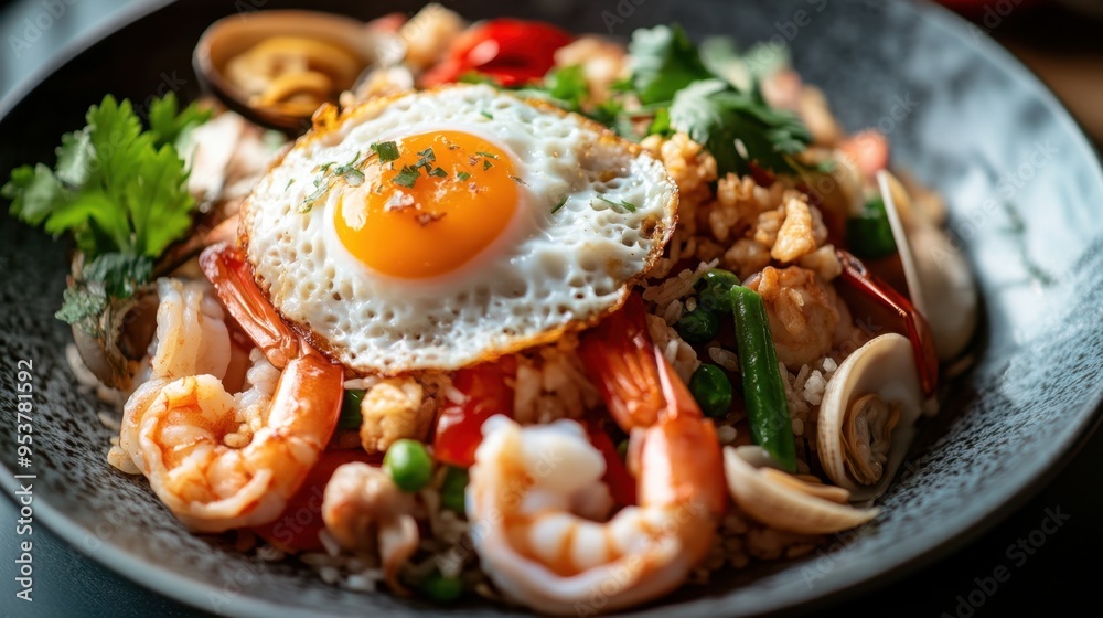 Macro shot of a colorful Thai stir-fry with shrimp, squid, clams, crab meat, and fried egg on rice. The dish's vibrant presentation is perfect for food lovers. Macro shot of a colorful Thai stir-fry with shrimp, squid, clams, crab meat, and fried egg on rice. The dish's vibrant presentation is perfect for food lovers.