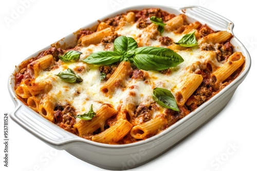 Baked Rigatoni with Meat Sauce, Cheese, and Basil