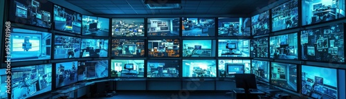 A high-tech control room filled with multiple screens displaying surveillance footage and data analysis.