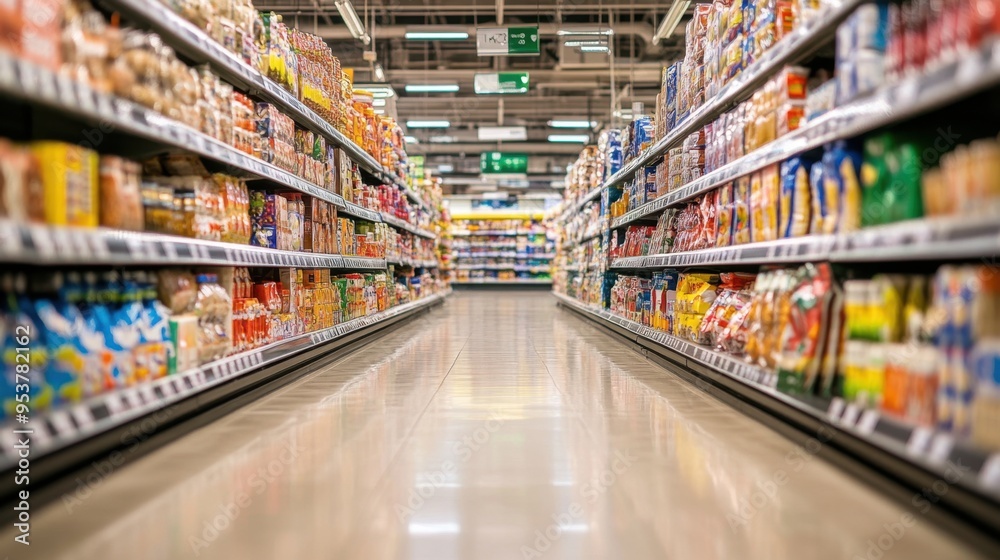 Fototapeta premium Diverse range of products displayed in a bright and spacious supermarket aisle. Ideal for retail themes. Copy text space provided.