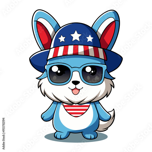 Download American Cute Little Bunny In Patriotic Hat And Sunglasses Vector Line Art Svg File For Design.