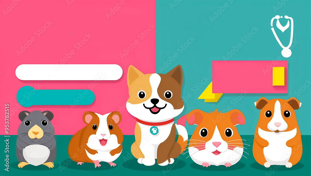Fototapeta premium Cute cartoon pets, flat design veterinary clinic advertising banner
