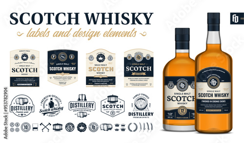 Vector blue and beige premium quality scotch whisky labels. Realistic scotch whisky glass bottle mockups. Distillery branding and identity design elements