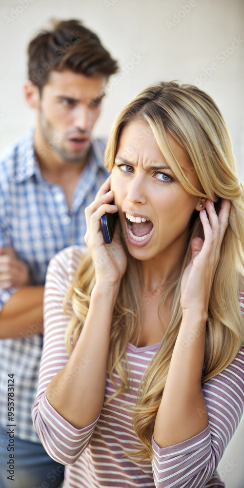 A young beautiful woman is talking emotionally on her smartphone. A young man is visible behind her. A young beautiful woman is talking emotionally on her smartphone. A young man is visible behind her.