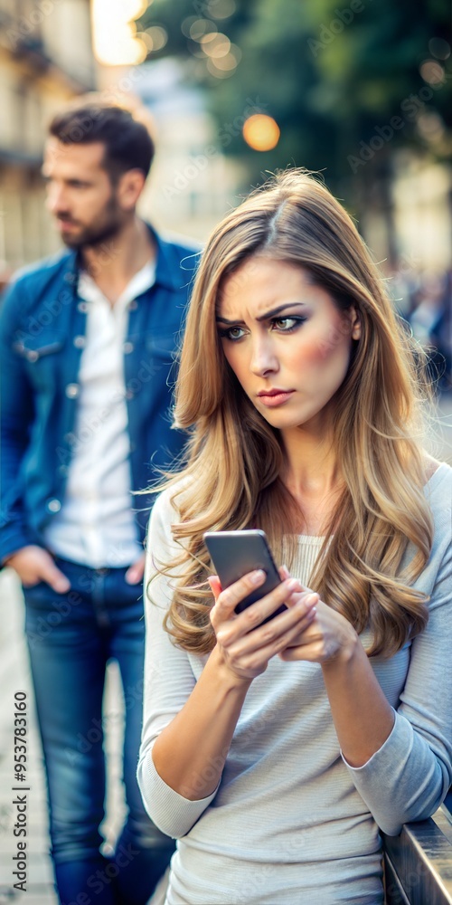 Young beautiful woman holds smartphone in her hands and keeps silent. Young man is visible behind her. Young beautiful woman holds smartphone in her hands and keeps silent. Young man is visible behind her.