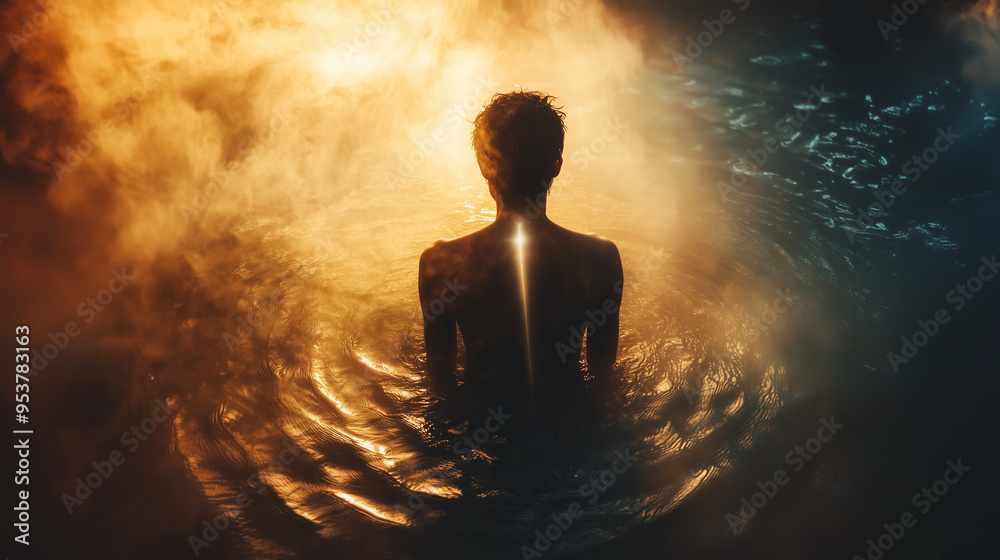 A solitary figure stands in misty waters at dawn, bathed in warm, glowing light, evoking a sense of peace and introspection A solitary figure stands in misty waters at dawn, bathed in warm, glowing light, evoking a sense of peace and introspection