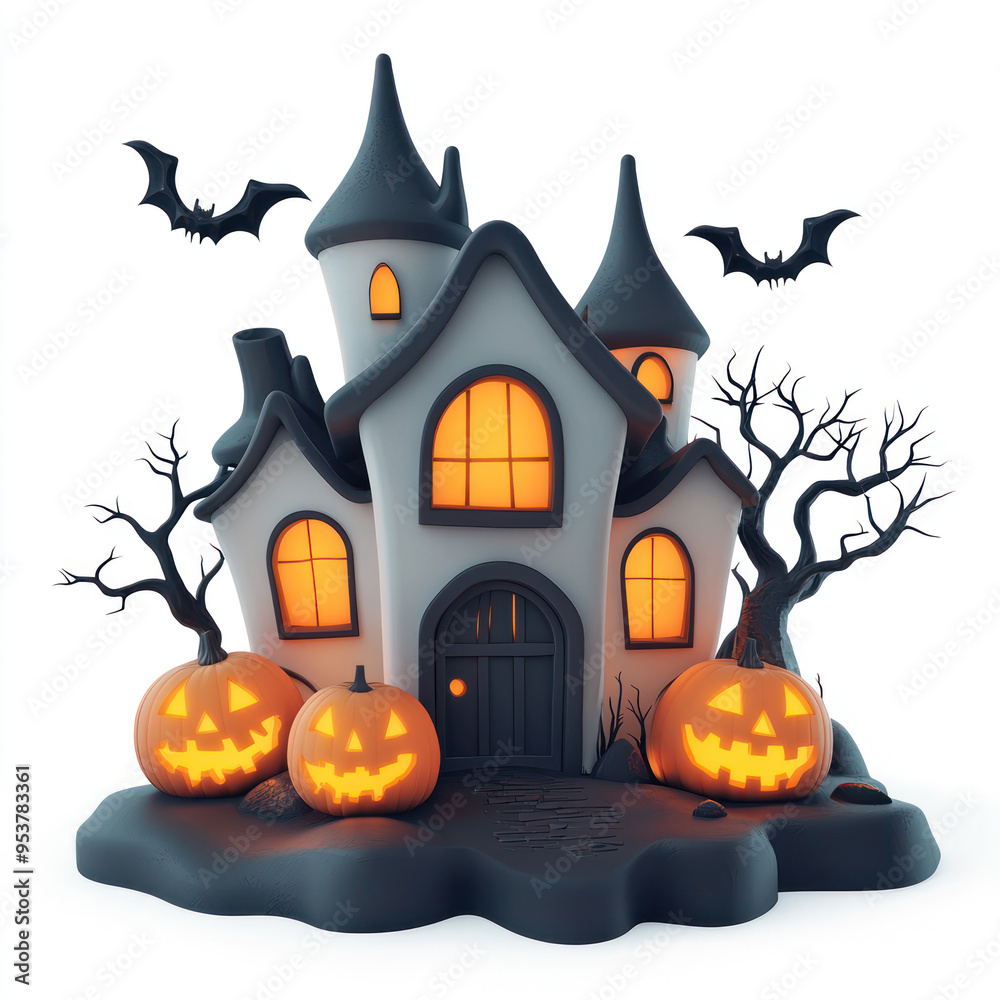 3d render of A halloween house and bat flying around the house on white background