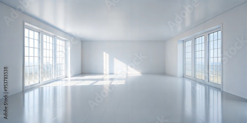 A large, empty room with white walls and windows. The room is very bright and airy, with a lot of natural light coming in through the windows. The space feels open and inviting.