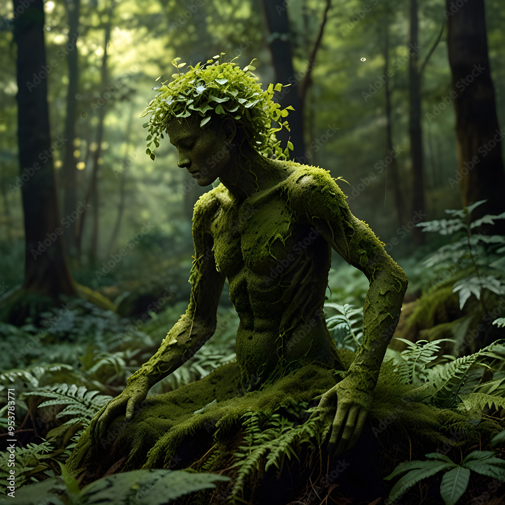 Fototapeta premium A human figure is completely covered with leaves