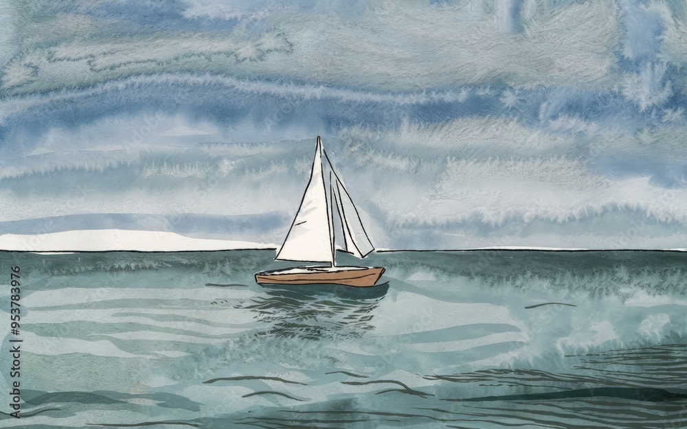 Obraz premium Sailboat under cloudy sky. Single sailboat navigating calm waters under a cloudy sky, symbolizing hope and peace.