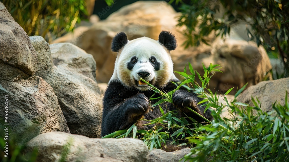 Fototapeta premium A playful panda munching on bamboo in its zoo habitat, surrounded by rocks and greenery.
