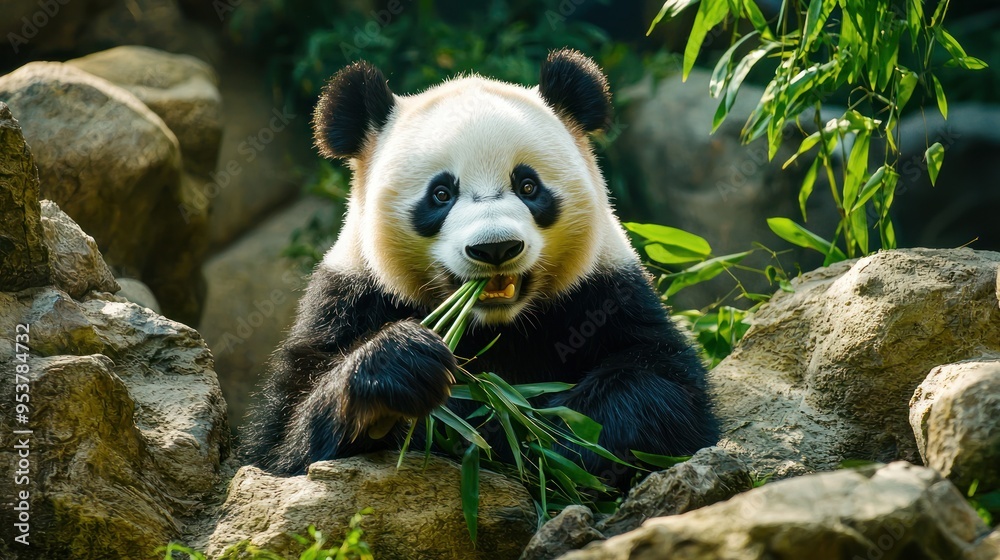 Fototapeta premium A playful panda munching on bamboo in its zoo habitat, surrounded by rocks and greenery.