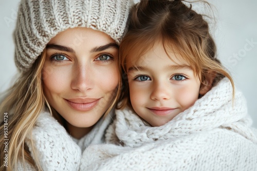 A mother and daughter, dressed warmly in knitted sweaters and hats, pose closely together, showcasing a heartfelt connection and a sense of winter coziness.