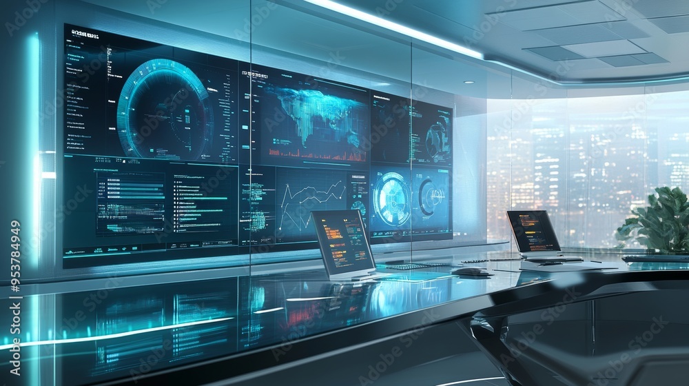 A futuristic office setting with monitors displaying business A futuristic office setting with monitors displaying business