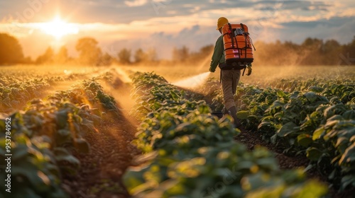 A male farmer wearing protective clothing and a mask walks across a green field and sprays pesticides with a sprayer. A man fumigates the crop with chemicals photo