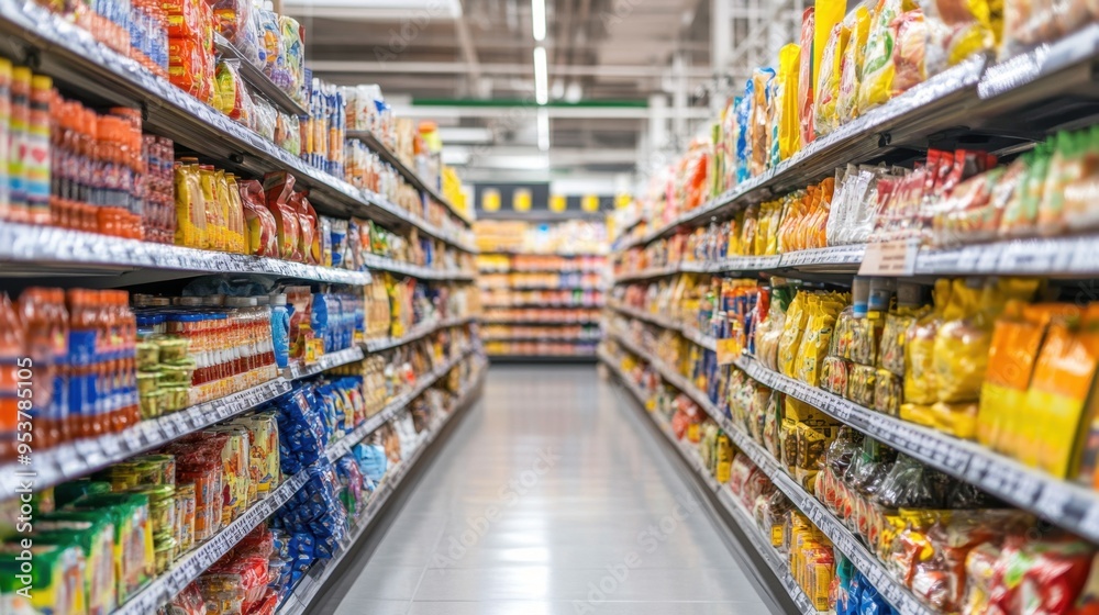 Bright supermarket aisle filled with a diverse assortment of products, neatly organized on shelves. Copy text space along the aisle. Bright supermarket aisle filled with a diverse assortment of products, neatly organized on shelves. Copy text space along the aisle.