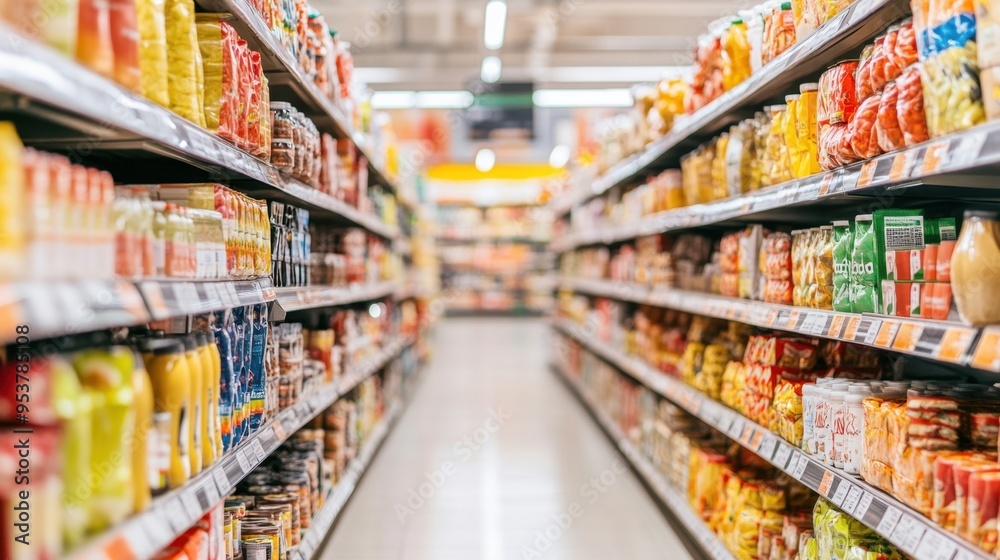 Bright supermarket aisle filled with a diverse assortment of products, neatly organized on shelves. Copy text space along the aisle.