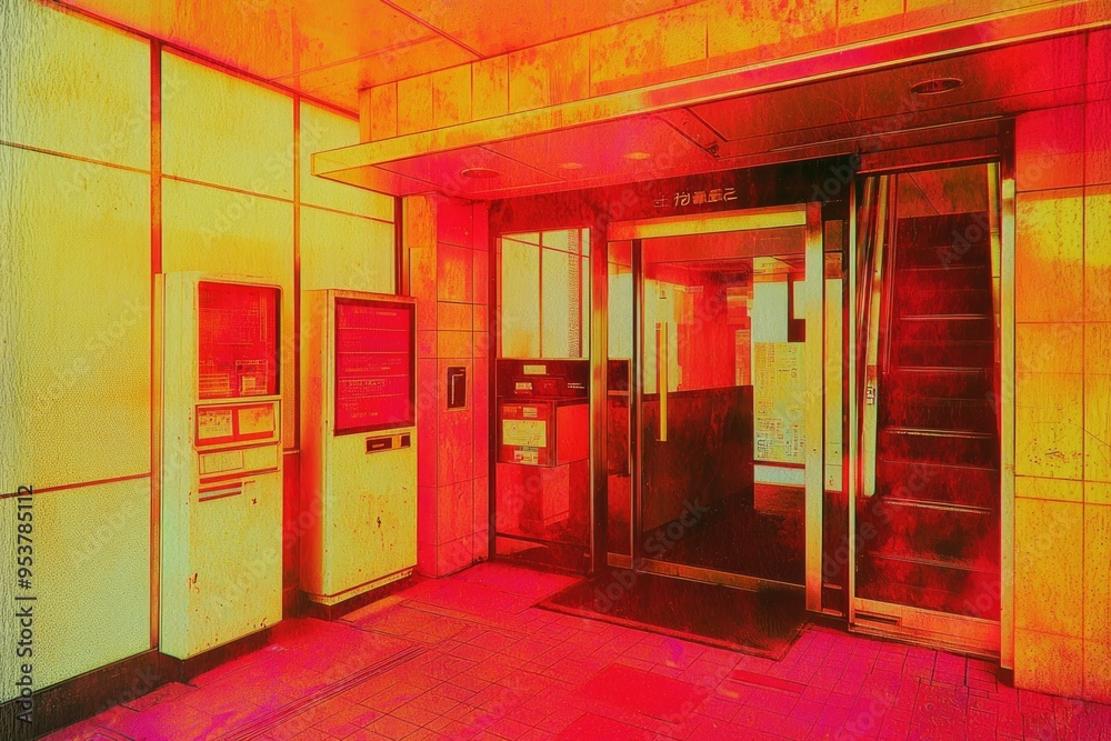 A Red and Yellow Japanese Building Entrance with a Glass Door A Red and Yellow Japanese Building Entrance with a Glass Door
