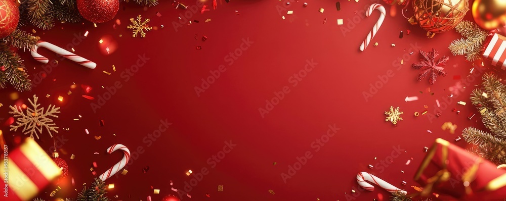 Festive holiday frame featuring decorations, ornaments, and gifts on a vibrant red background, perfect for Christmas celebrations. Festive holiday frame featuring decorations, ornaments, and gifts on a vibrant red background, perfect for Christmas celebrations.