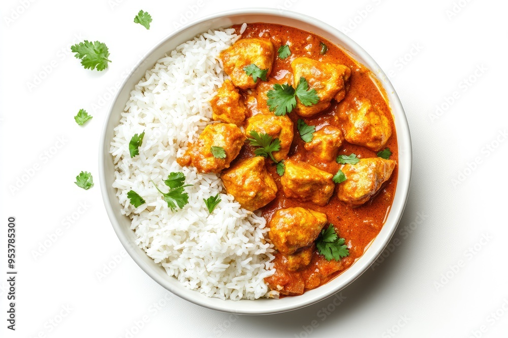 Bowl of Chicken Curry with Rice and Cilantro Garnish Bowl of Chicken Curry with Rice and Cilantro Garnish