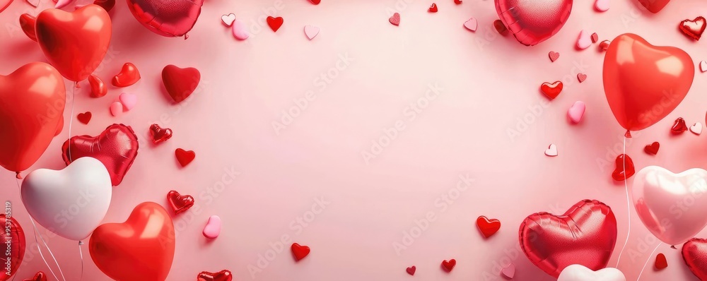 A vibrant arrangement of heart-shaped balloons in red, white, and pink on a soft pink background, perfect for celebrations. A vibrant arrangement of heart-shaped balloons in red, white, and pink on a soft pink background, perfect for celebrations.