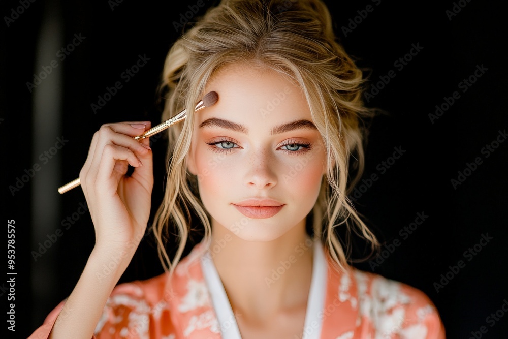Obraz premium A young blonde woman in a soft pink robe applies makeup with a brush, striking an artistic pose that highlights the precision and detail of the makeup process, with an elegant vibe.