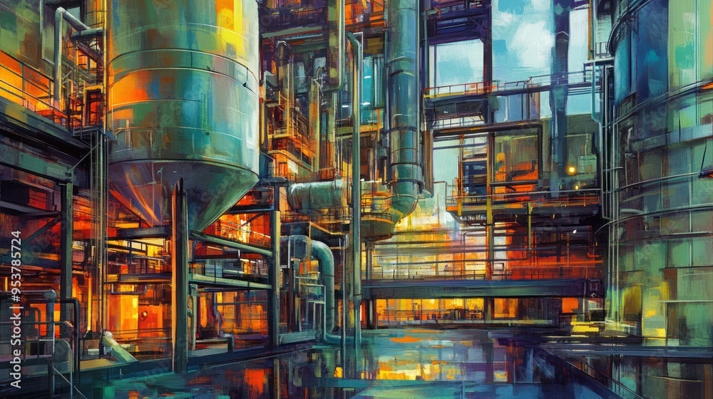 Abstract Painting of an Industrial Interior with Large Cylinders Abstract Painting of an Industrial Interior with Large Cylinders